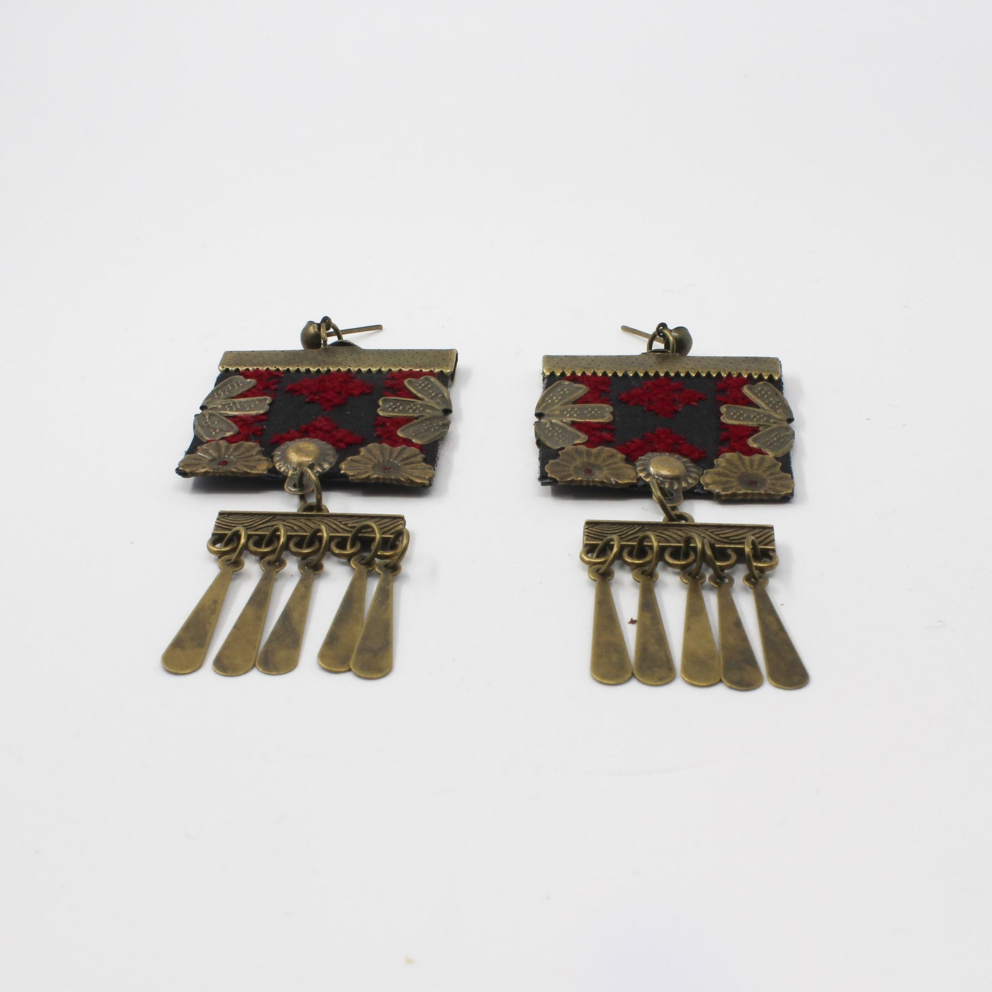 Handmade Balochi embroidered earrings, gold, red