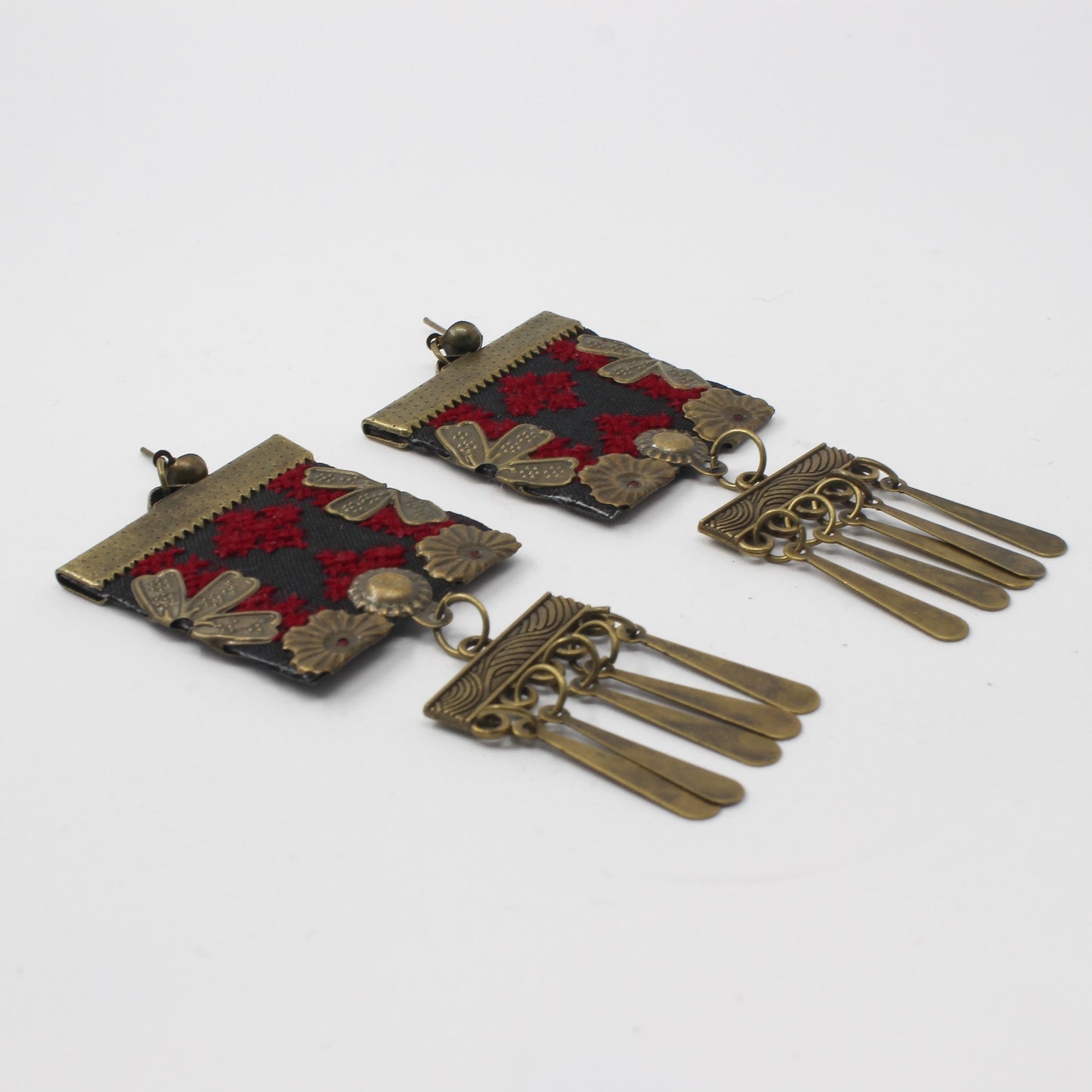 Handmade Balochi embroidered earrings, gold, red