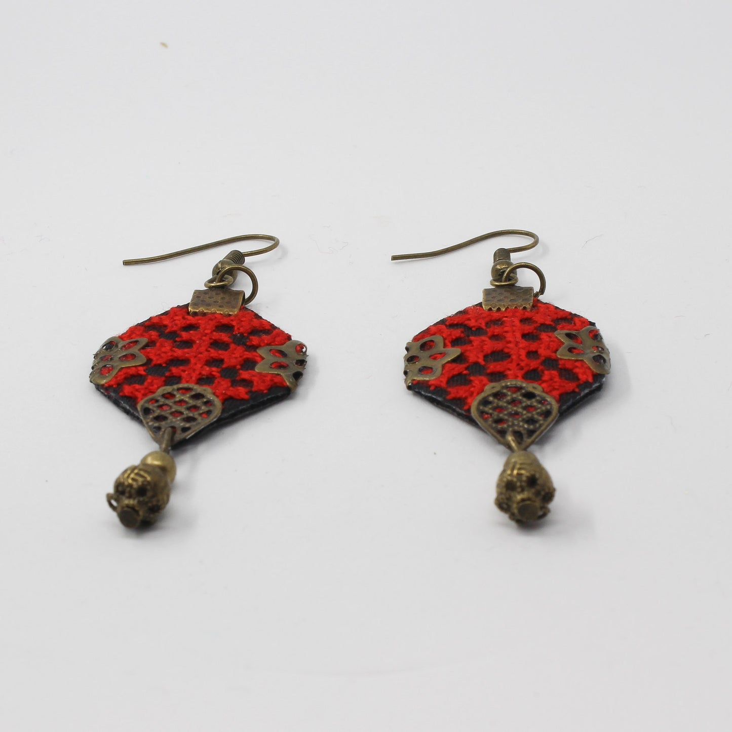 Handmade Balochi embroidered earrings and bracelet, red, gold