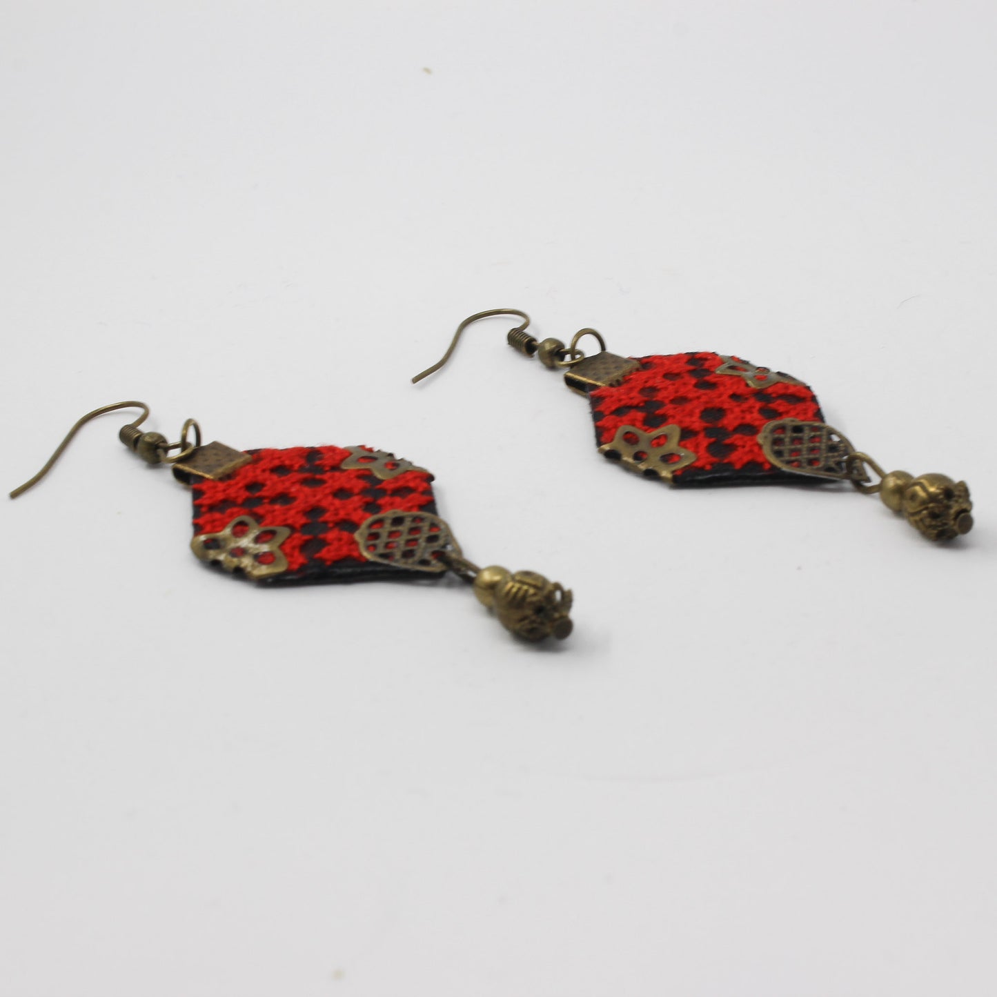 Handmade Balochi embroidered earrings and bracelet, red, gold