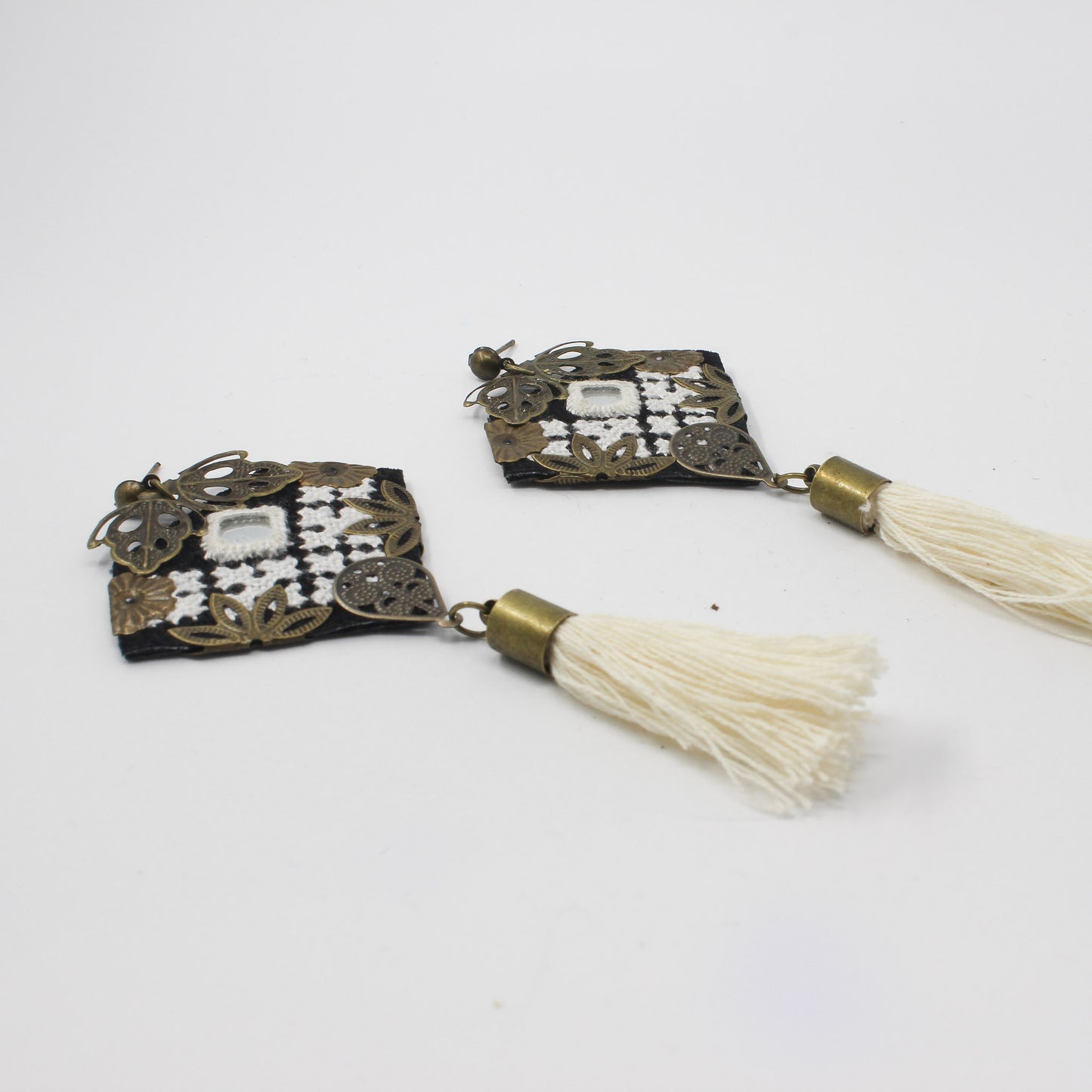 Handmade Balochi embroidered earrings, white, gold