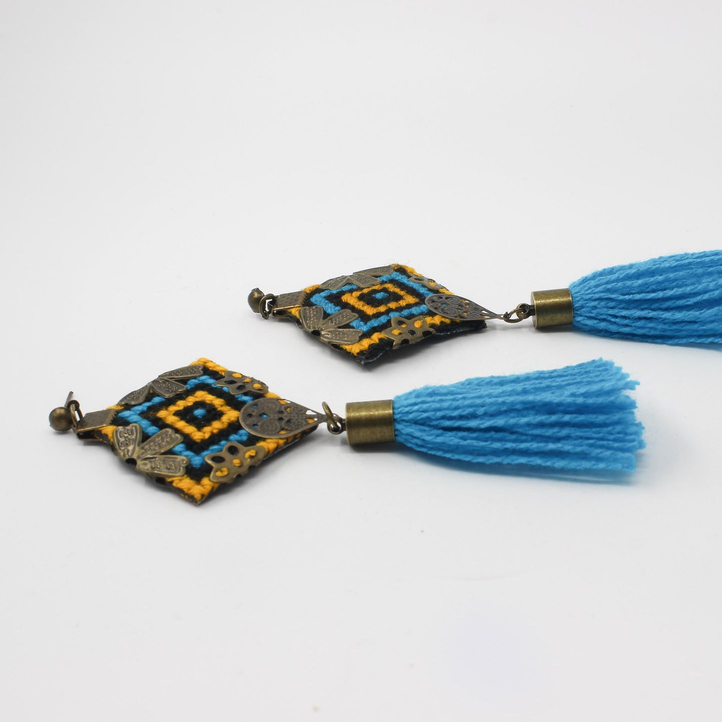 Handmade Balochi embroidered earrings and bracelet, yellow, blue