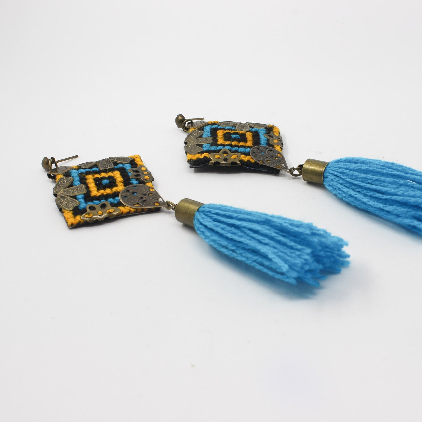 Handmade Balochi embroidered earrings and bracelet, yellow, blue