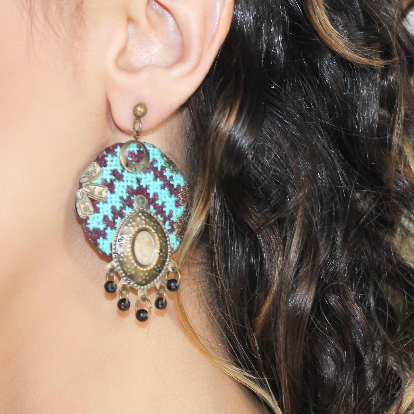 Handmade Balochi embroidered earrings, turquoise, gold