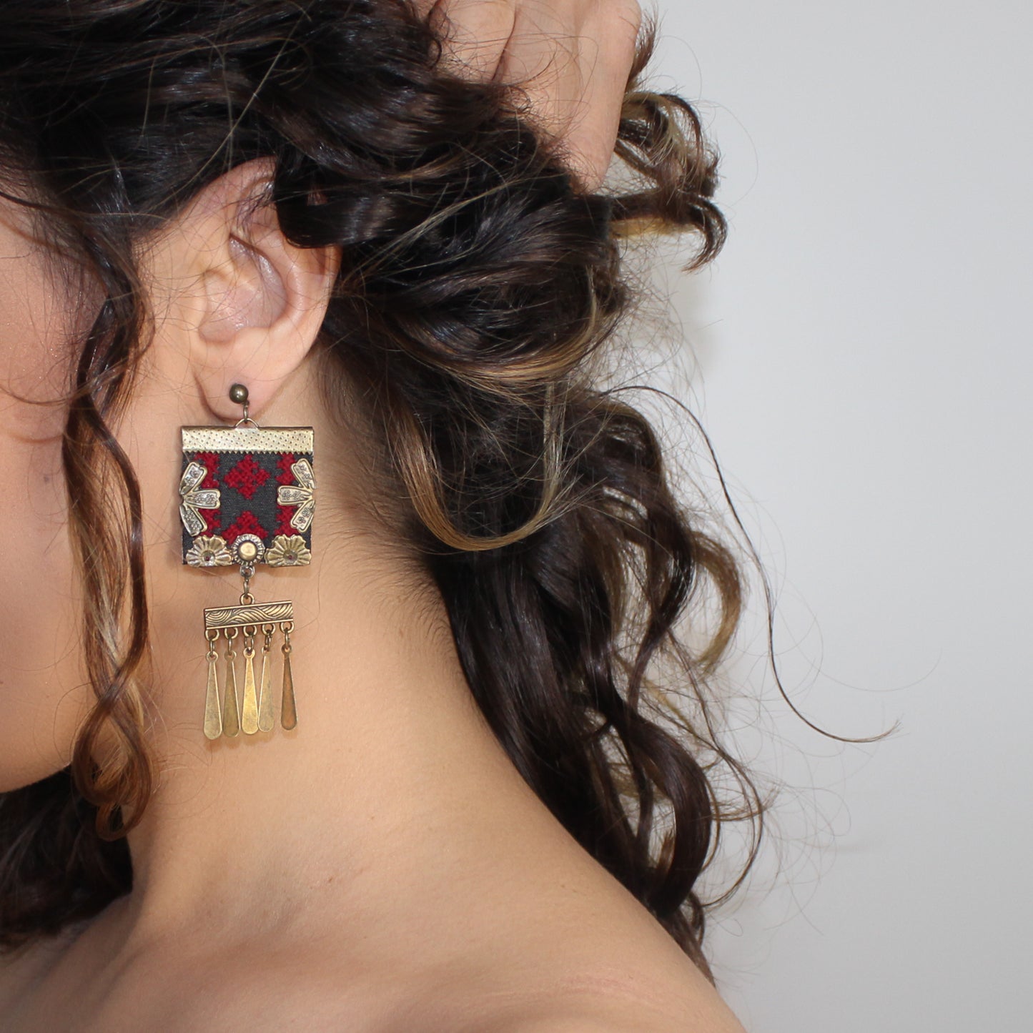 Handmade Balochi embroidered earrings, gold, red