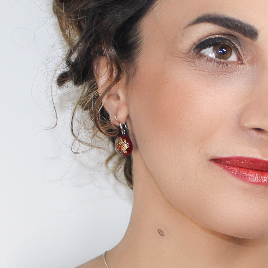 Handmade enamel earrings, red, gold