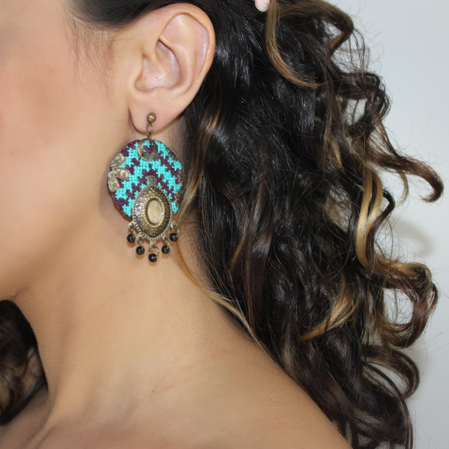Handmade Balochi embroidered earrings, turquoise, gold