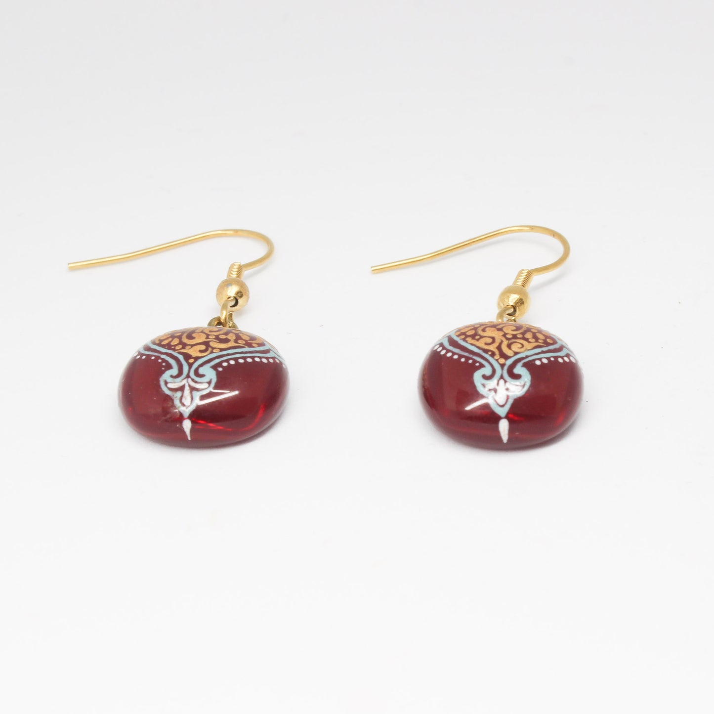 Handmade enamel earrings, red, gold