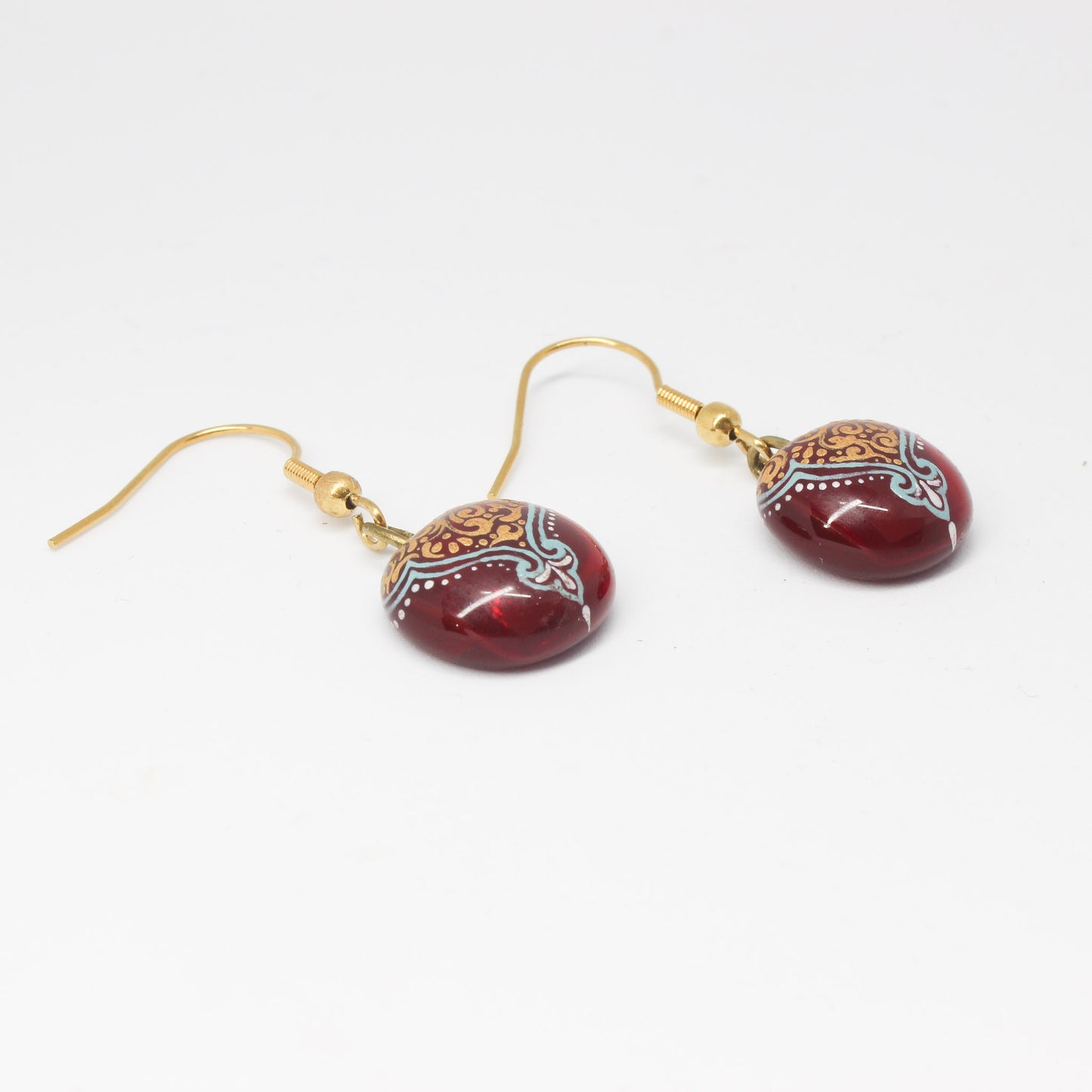 Handmade enamel earrings, red, gold