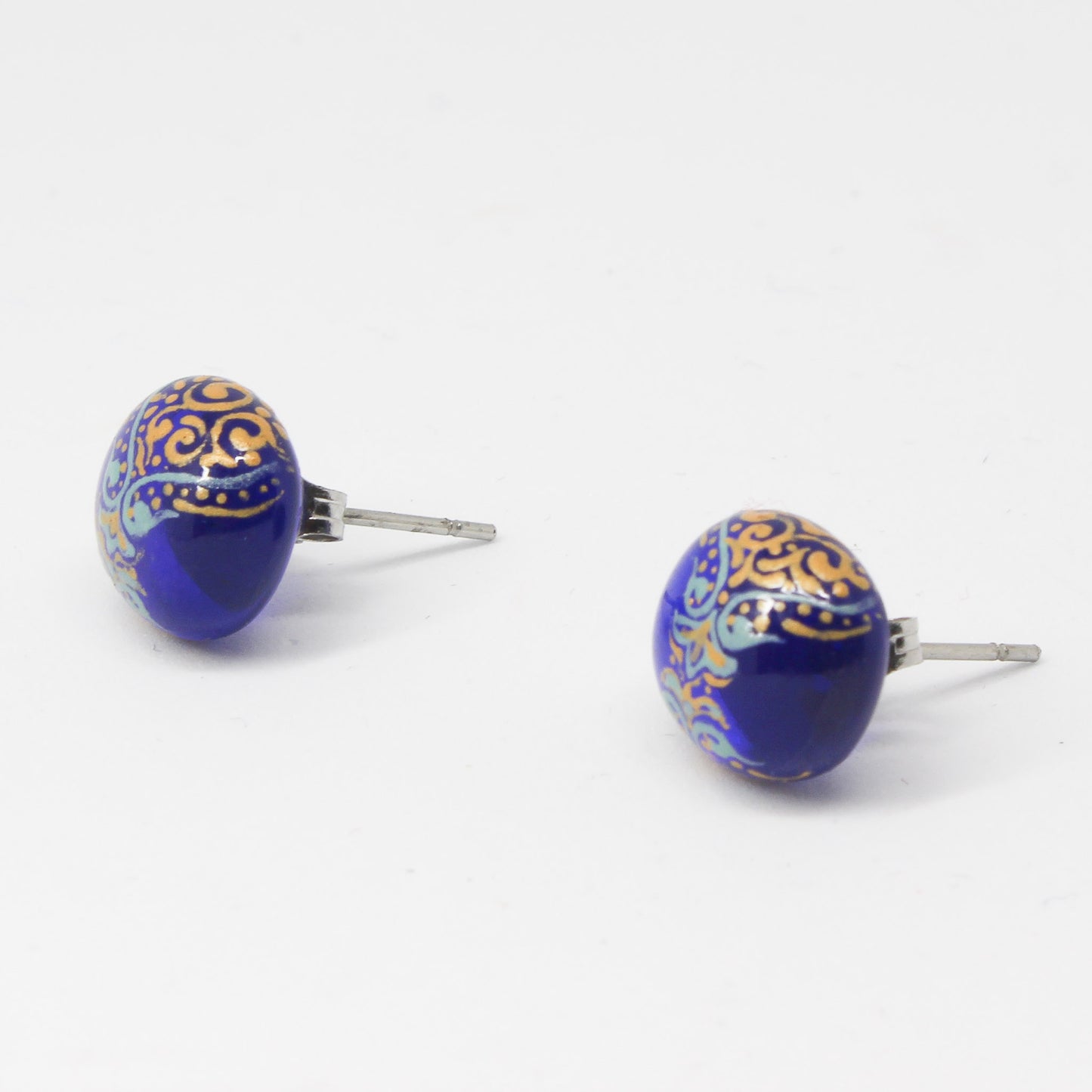Handmade enamel necklace and earrings, blue, gold