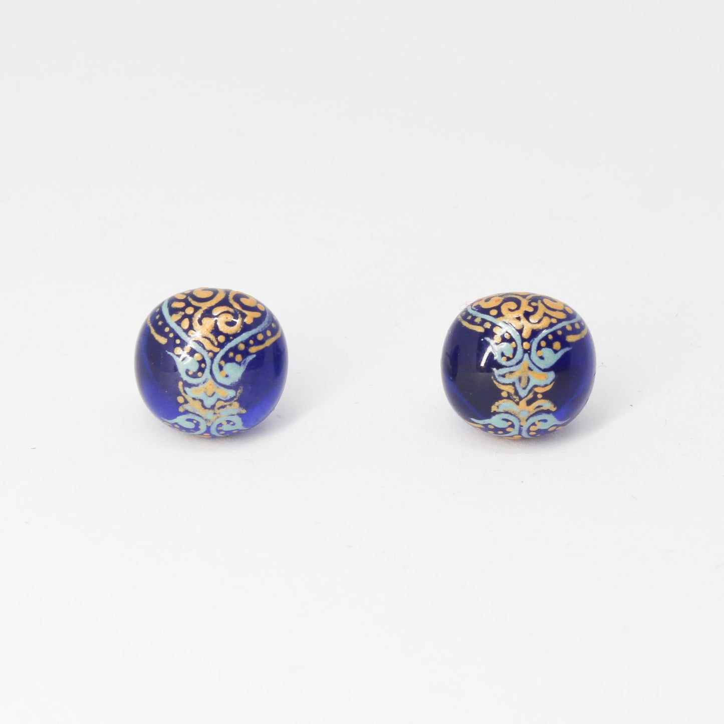Handmade enamel necklace and earrings, blue, gold