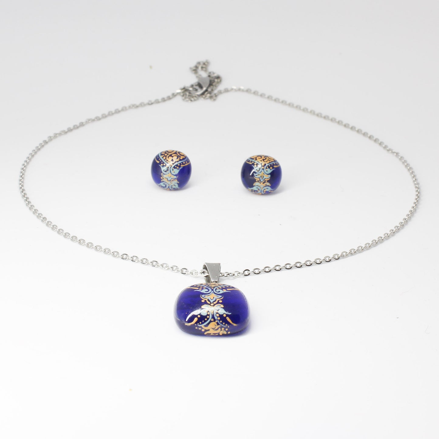 Handmade enamel necklace and earrings, blue, gold