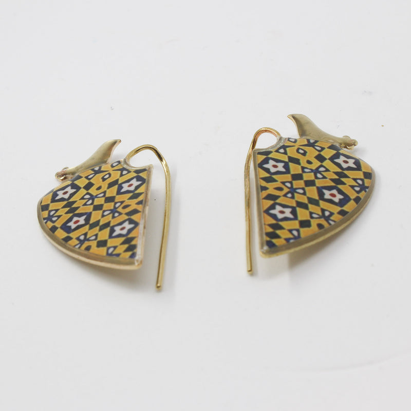 Brass Drop Earrings – Gold & Turquoise Enamel — detail
