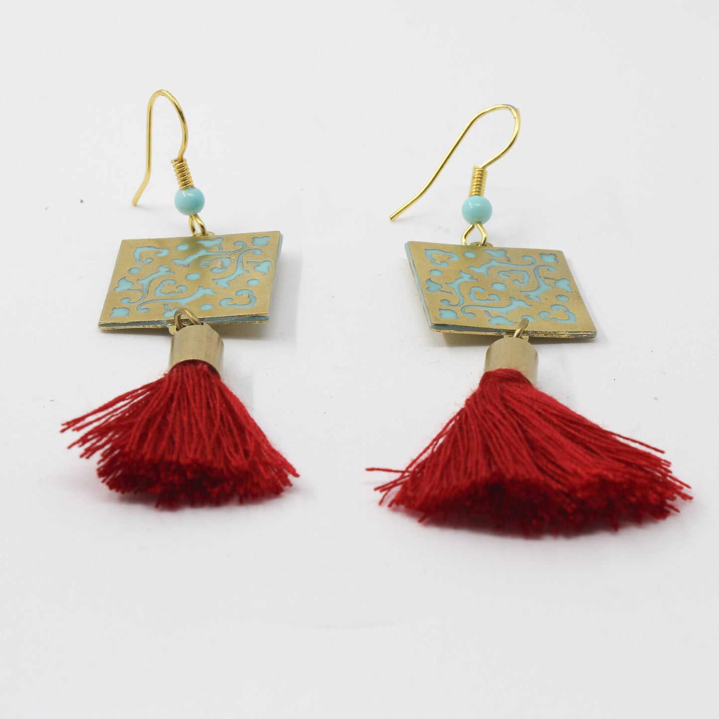 Handmade brass square earrings, gold, turquoise, red