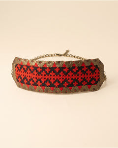 Handmade Balochi embroidered bracelet, red, gold — packshot