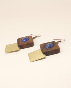 Walnut Wood & Brass Earrings — Blue Stone | Choopi Design — packshot