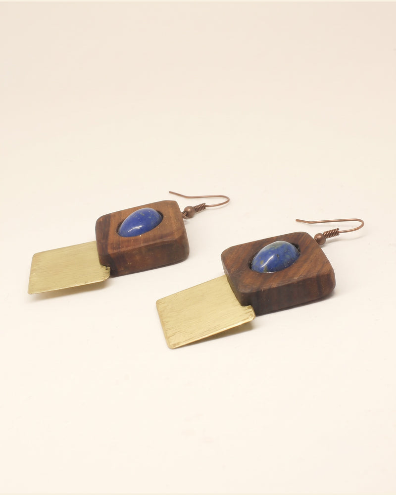 Walnut Wood & Brass Earrings — Blue Stone | Choopi Design — packshot