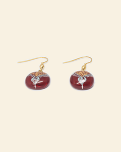 Handmade enamel earrings, red, gold — packshot