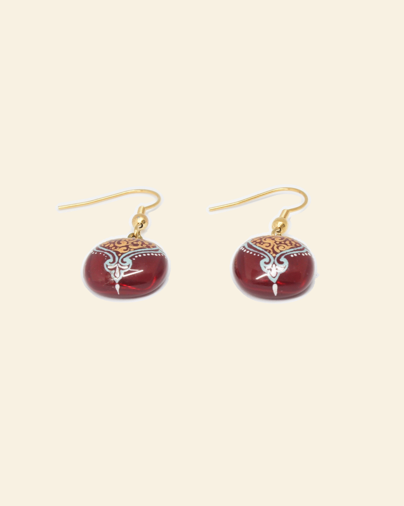 Handmade enamel earrings, red, gold — packshot
