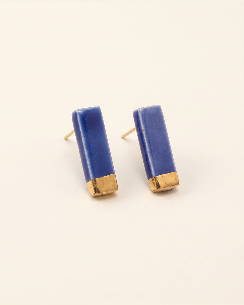 Handmade gold plated ceramic earrings, blue, gold — packshot