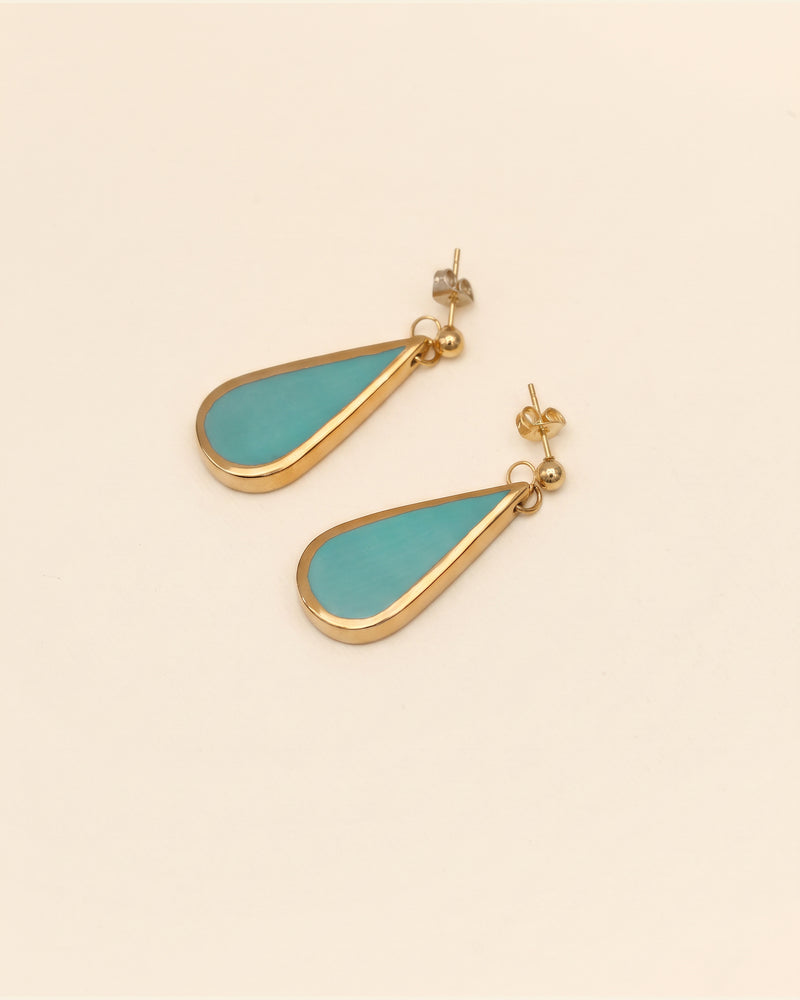 Handmade gold plated drop earrings, turquoise, gold — packshot