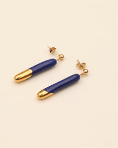 Handmade gold plated earrings, blue, gold — packshot