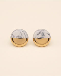 Handmade gold plated round earrings, pink, grey, gold — packshot