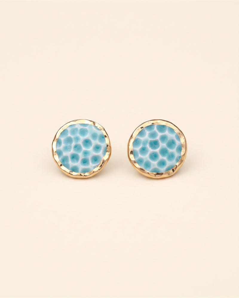 Handmade gold plated round earrings, turquoise, gold — packshot