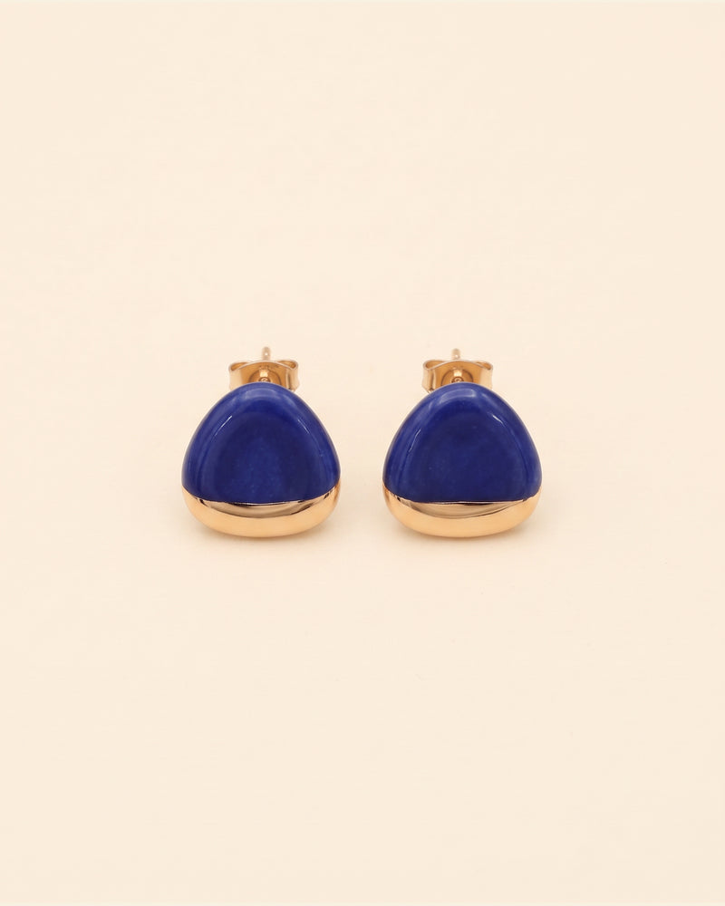 Handmade gold plated triangle earrings, blue, gold — packshot