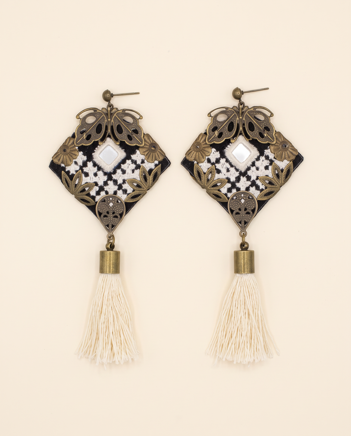 Handmade Balochi embroidered earrings, white, gold — packshot