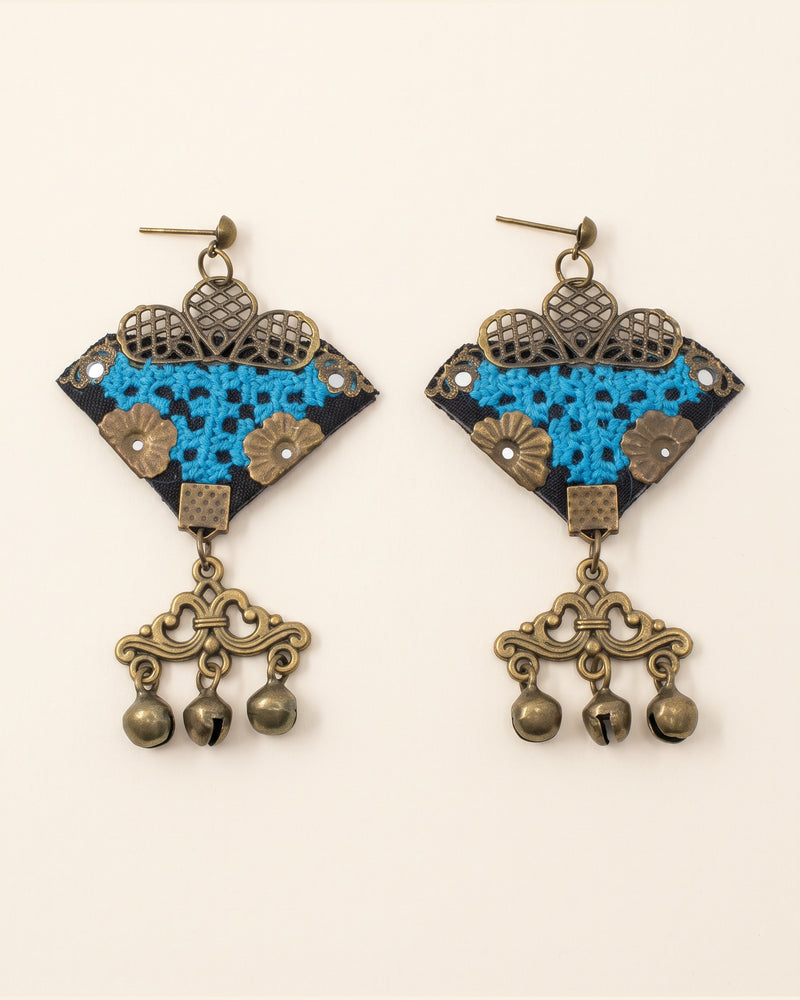 Handmade Balochi embroidered earrings, gold, blue — packshot