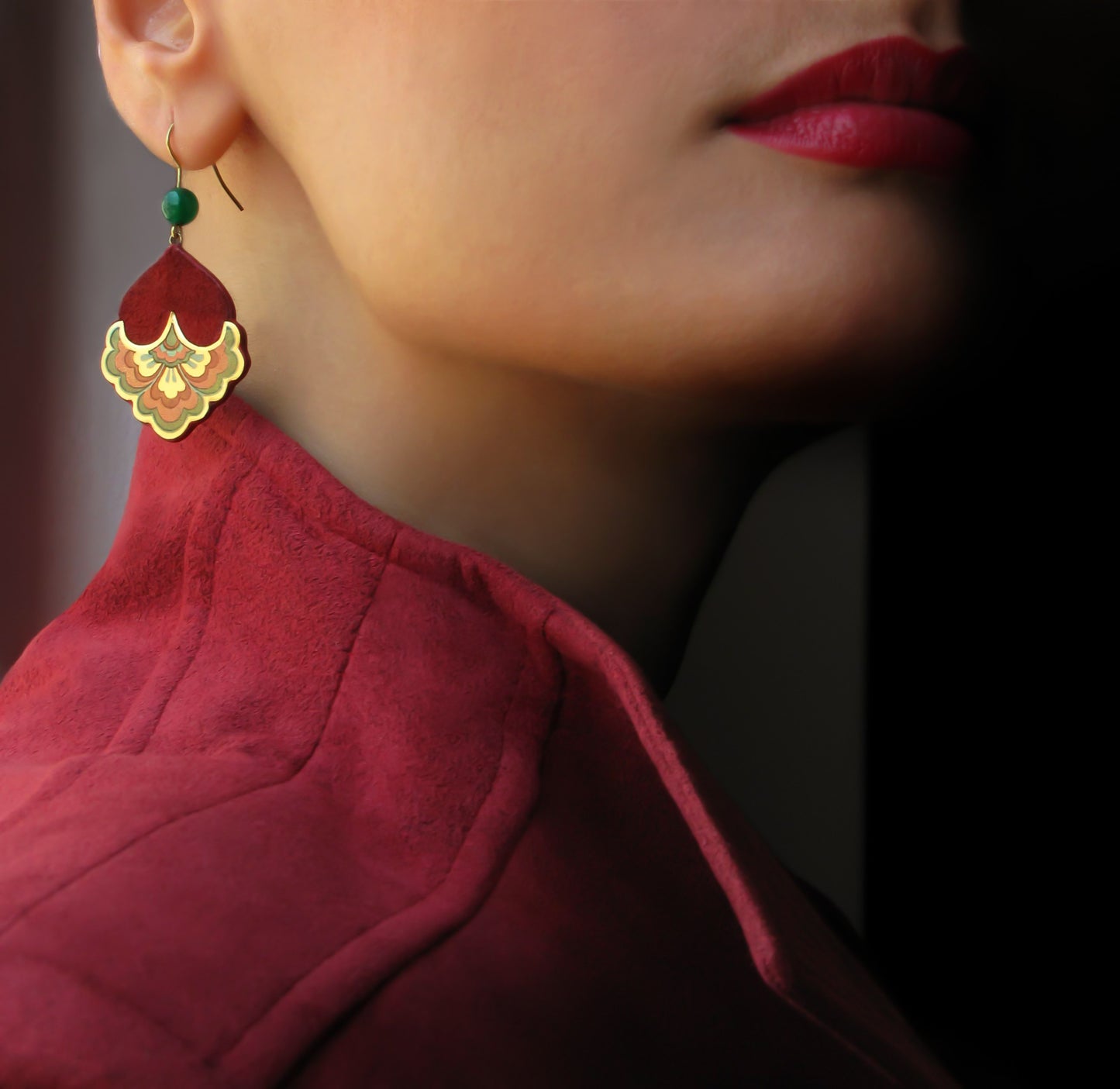Handmade suede brass earrings, red, gold, green