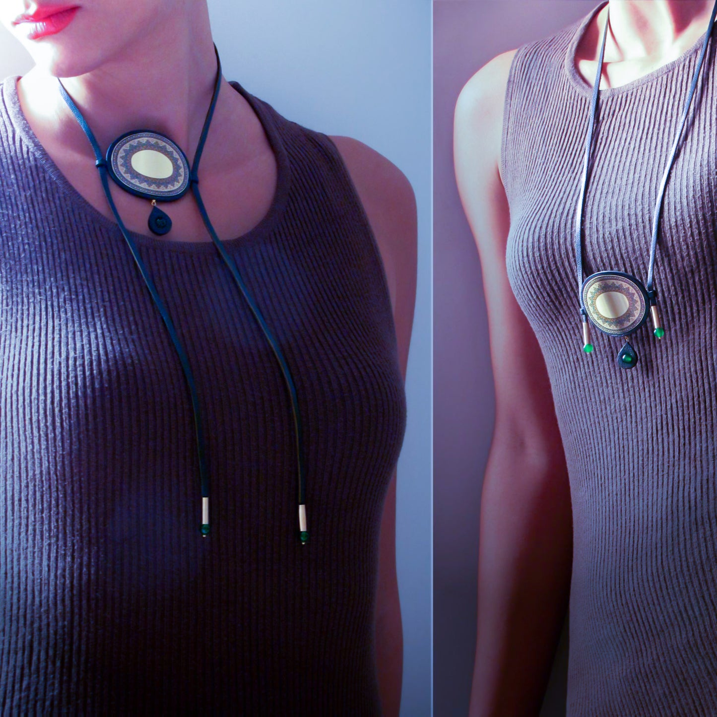 Handmade brass plate leather necklace, green, gold
