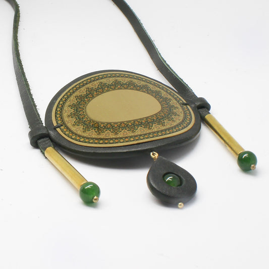 Handmade brass plate leather necklace, green, gold