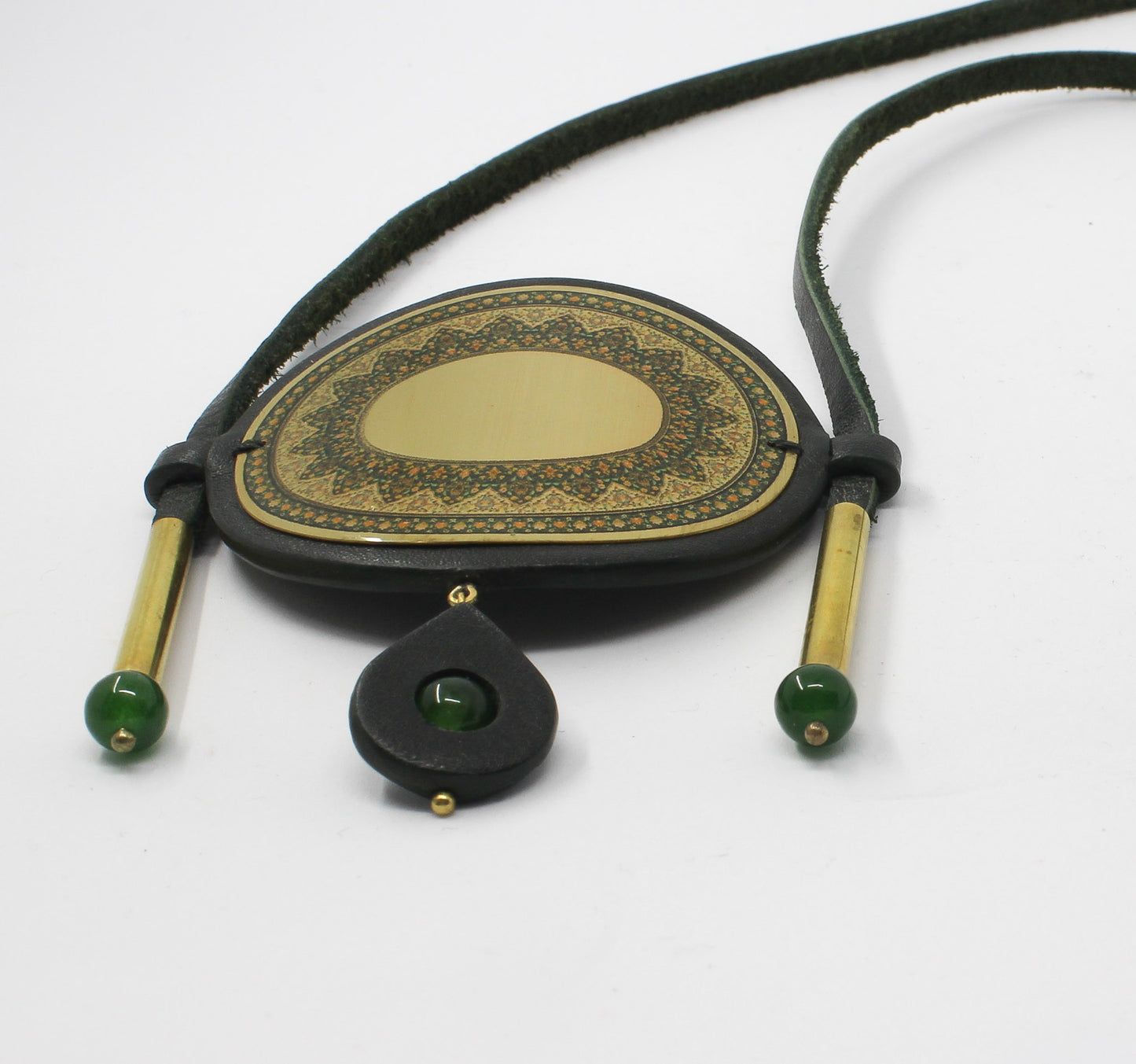 Handmade brass plate leather necklace, green, gold