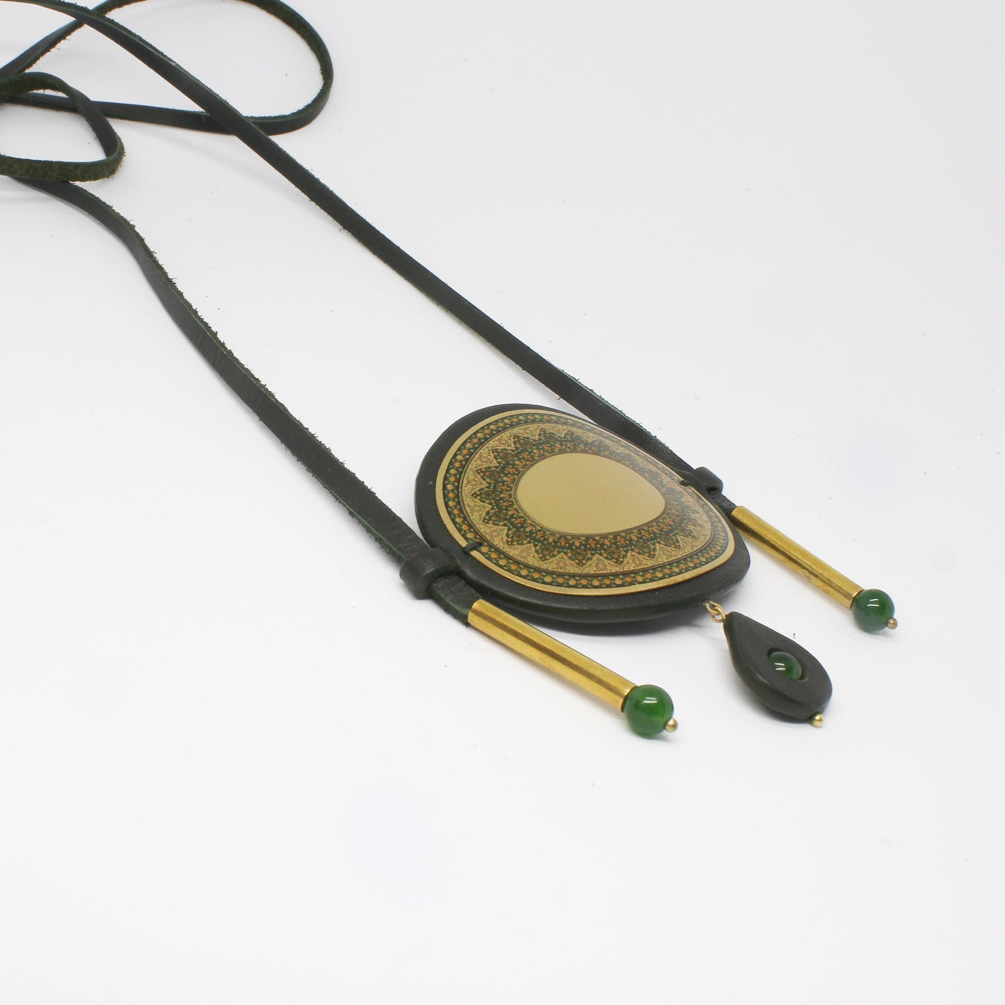 Handmade brass plate leather necklace, green, gold