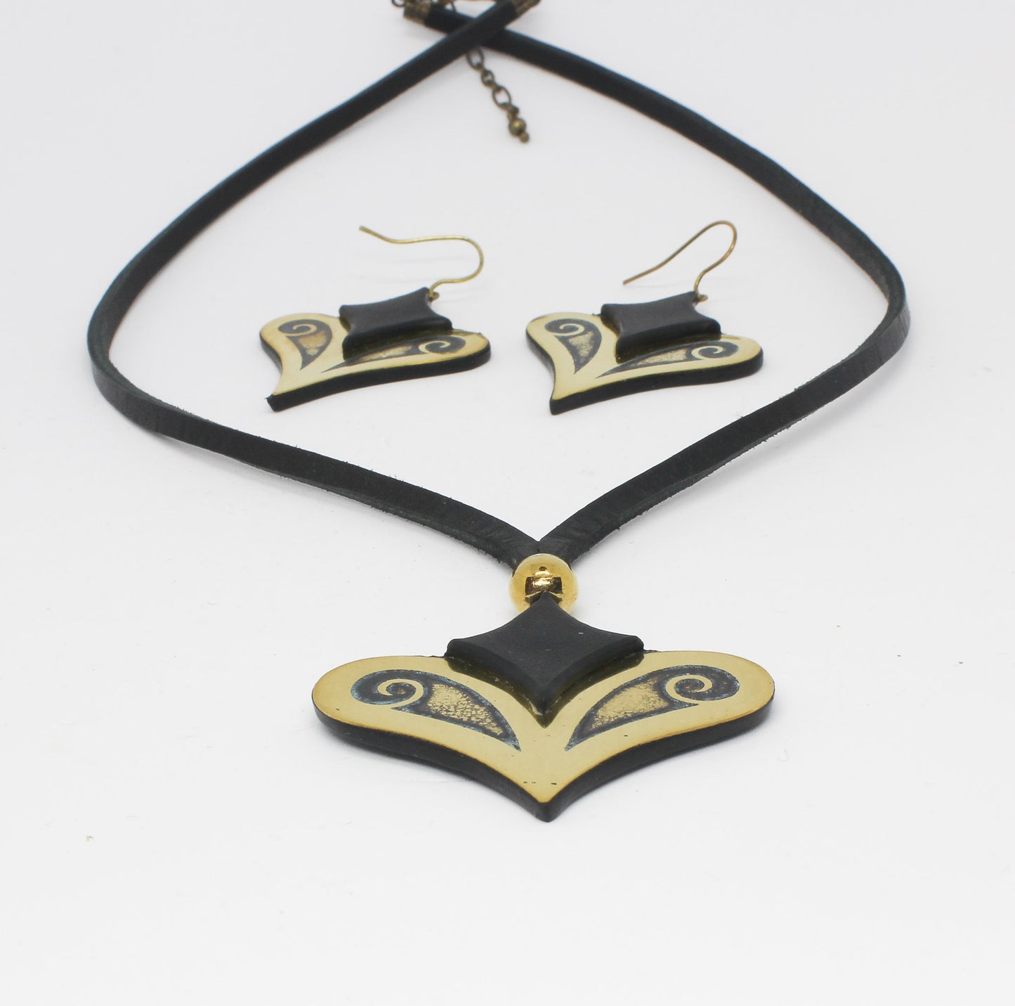 Handmade etched brass suede necklace, black, gold