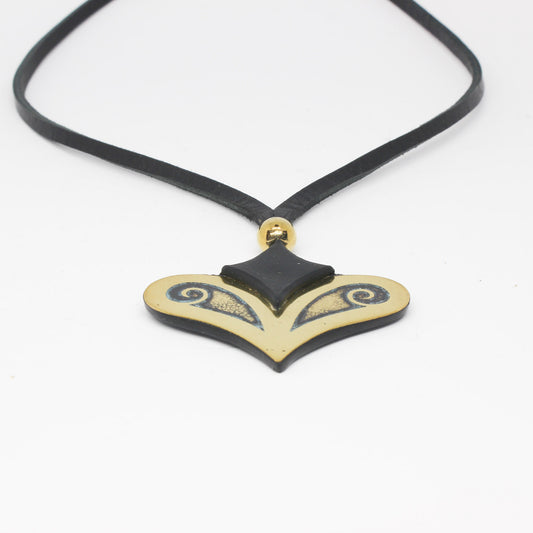 Handmade etched brass suede necklace, black, gold