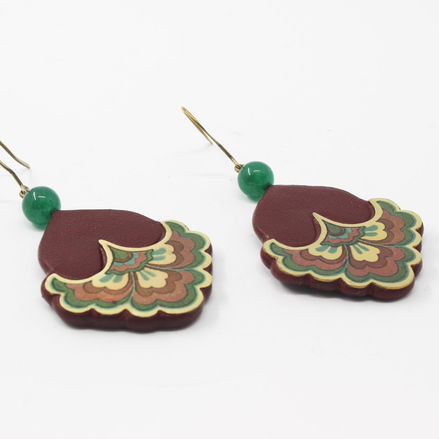 Handmade suede brass earrings, red, gold, green