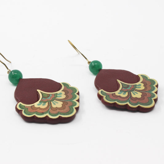 Handmade suede brass earrings, red, gold, green