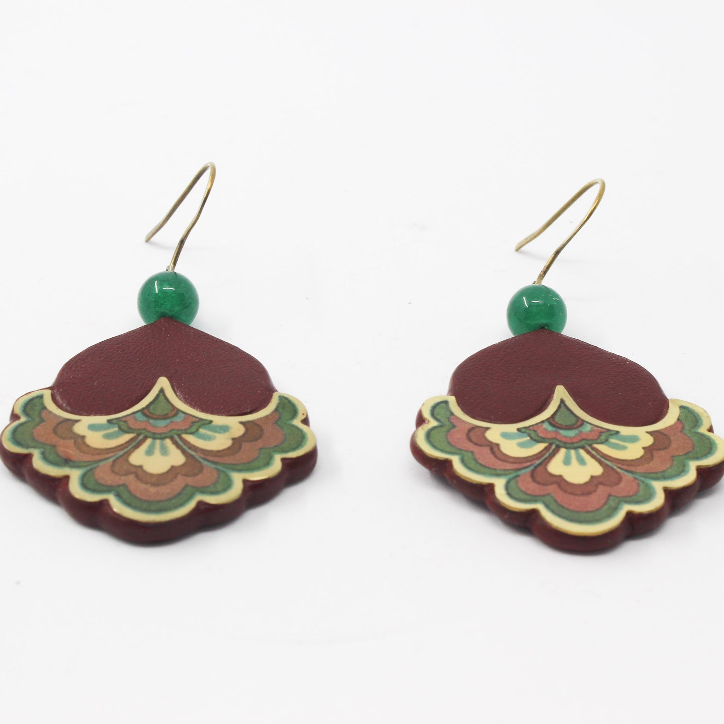 Handmade suede brass earrings, red, gold, green