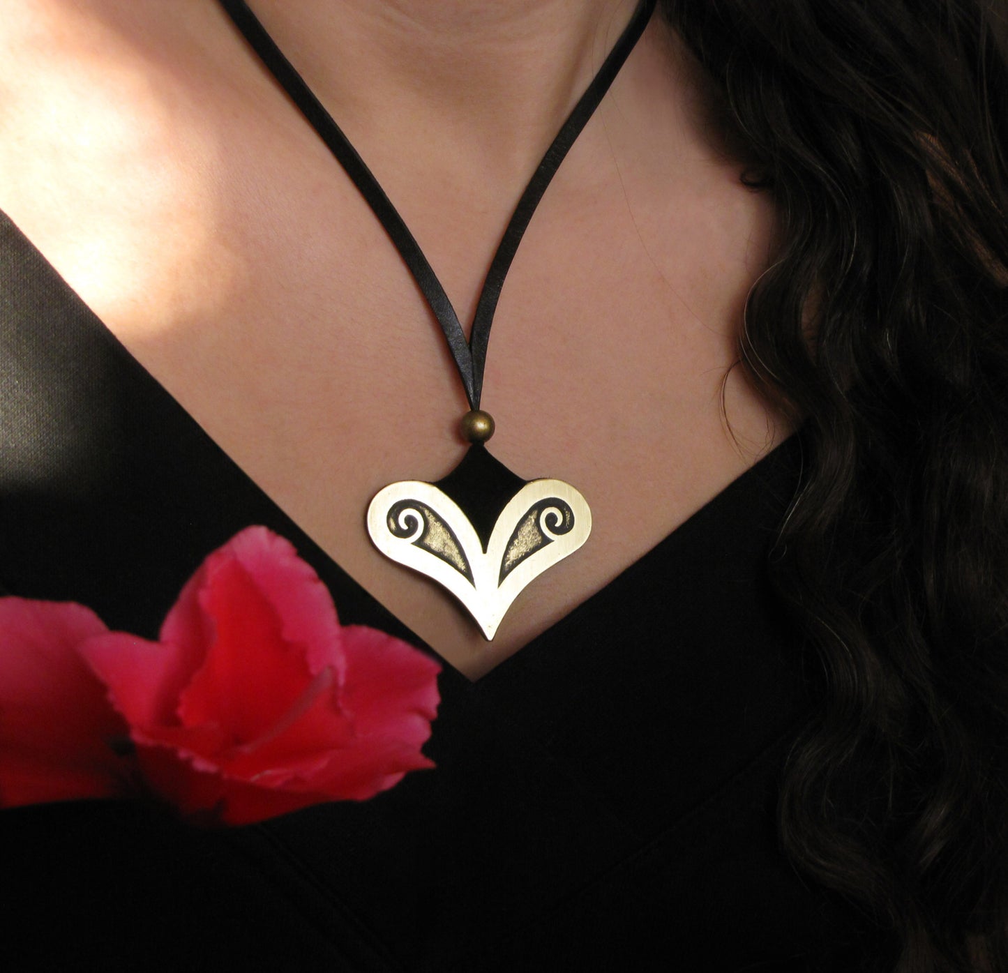 Handmade etched brass suede necklace, black, gold