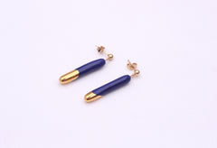 Ceramic Cylinder Drop Earrings — Blue & Gold