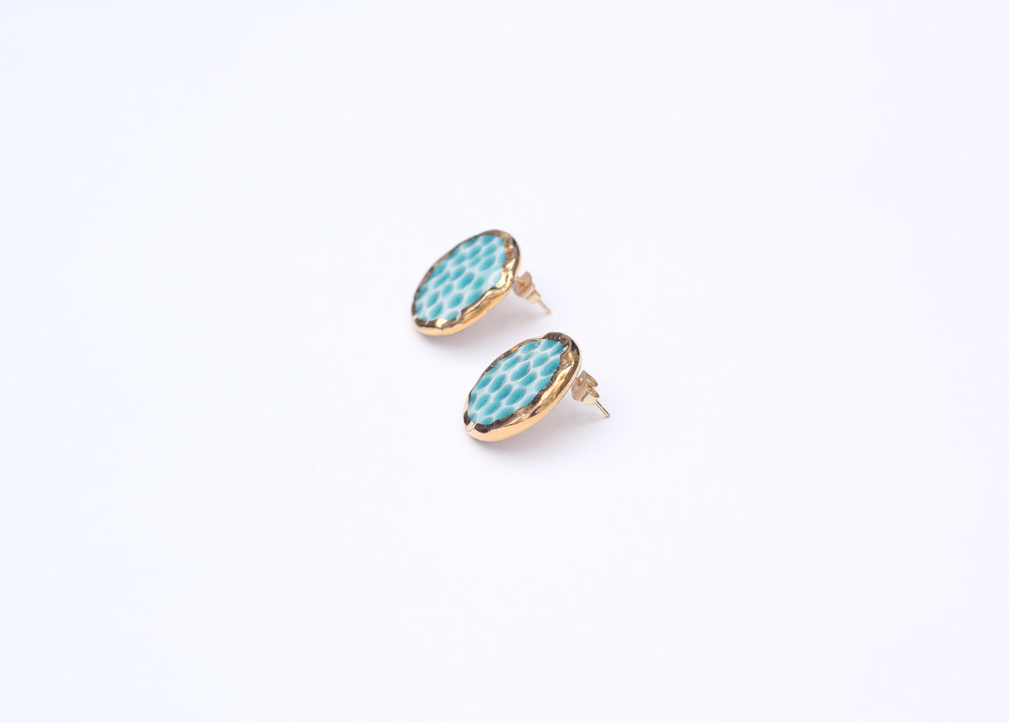 Handmade gold plated round earrings, turquoise, gold
