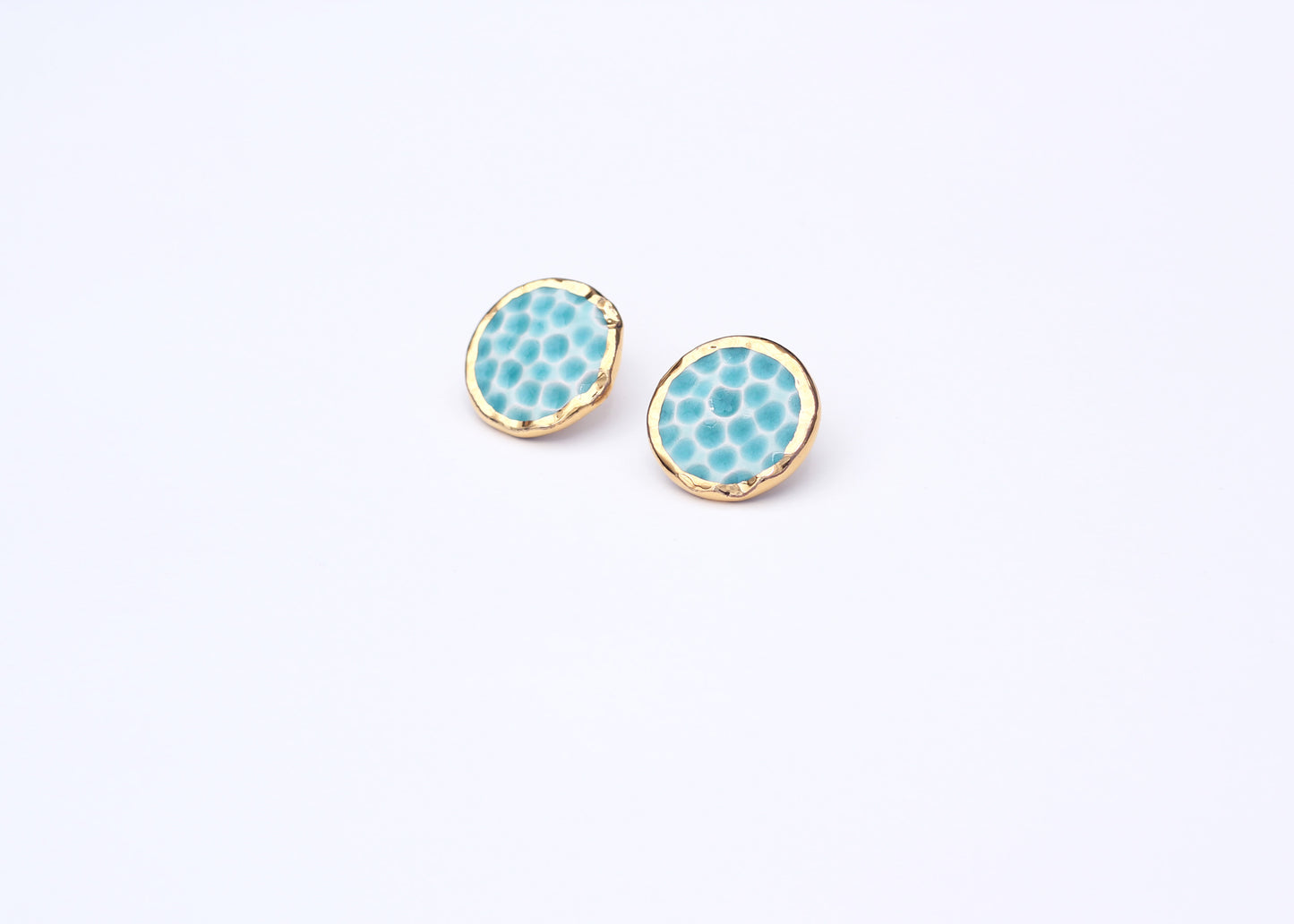 Handmade gold plated round earrings, turquoise, gold