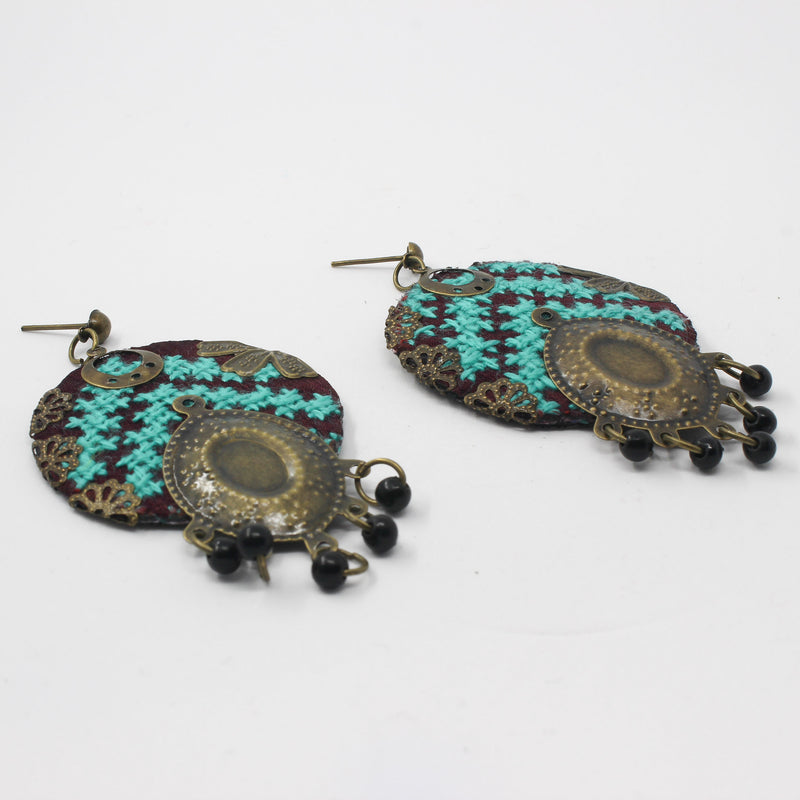 Handcrafted Balochi Embroidery Drop Earrings – Turquoise & Gold