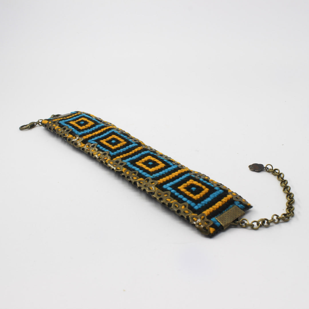 Handmade Balochi embroidered earrings and bracelet, yellow, blue