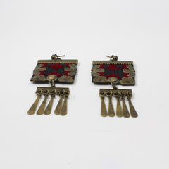 Balochi Embroidered Fringe Earrings — Red & Black