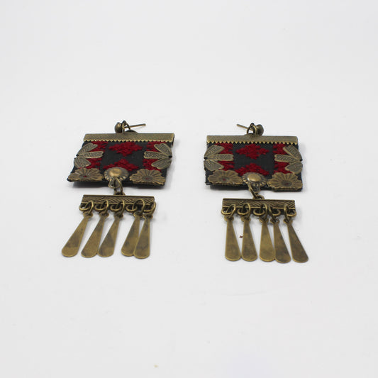 Handmade Balochi embroidered earrings, gold, red