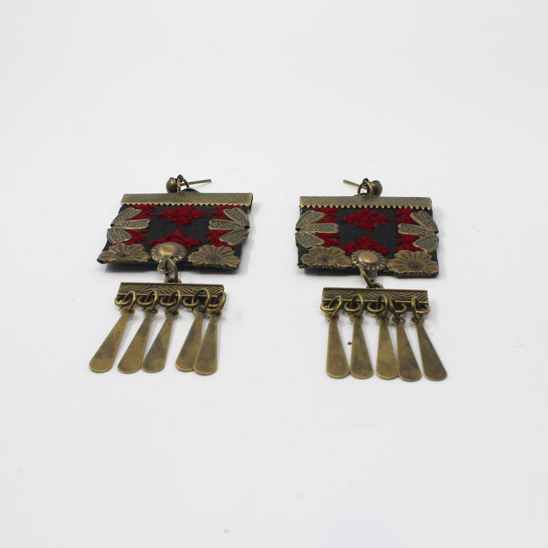 Handmade Balochi embroidered earrings, gold, red